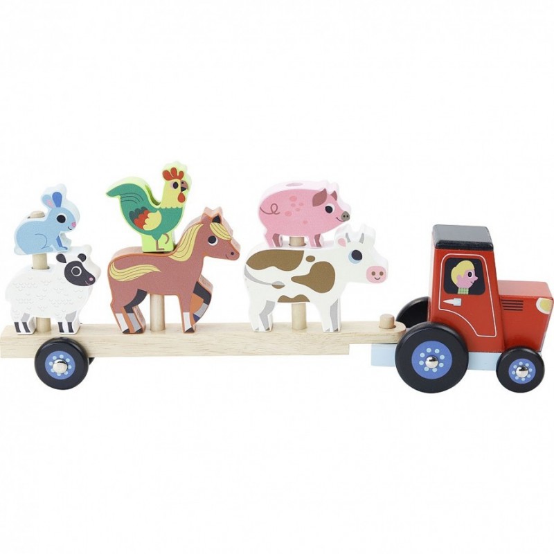 Tractor y remolque de madera con animales apilables